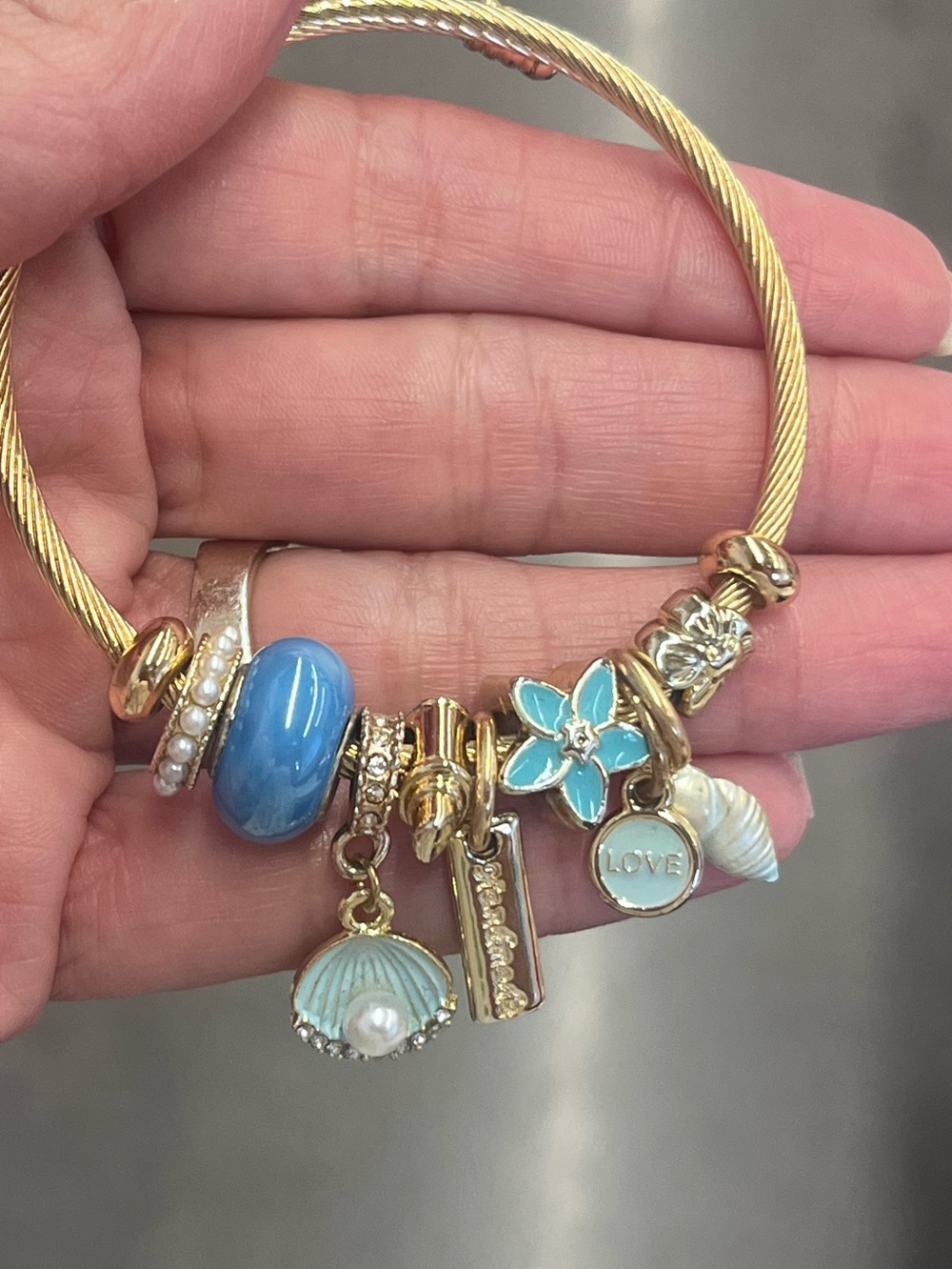 Gold Turquoise Shell Charm Bracelet Set w/ Rhinestones & Beaded Bracelets